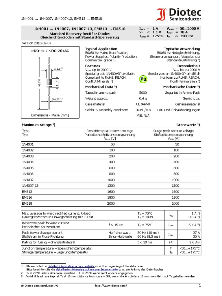 1n4001 Diode Datasheet | PDF