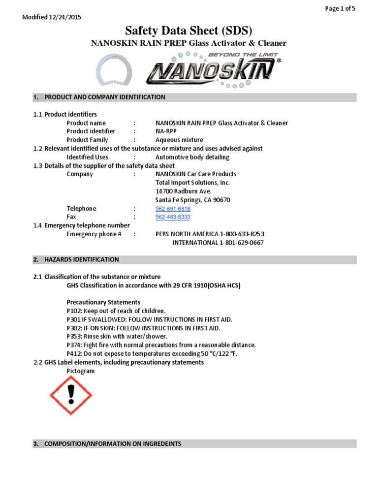 Safety Data Sheet (SDS) NANOSKIN RAIN PREP Glass Activator & Cleaner