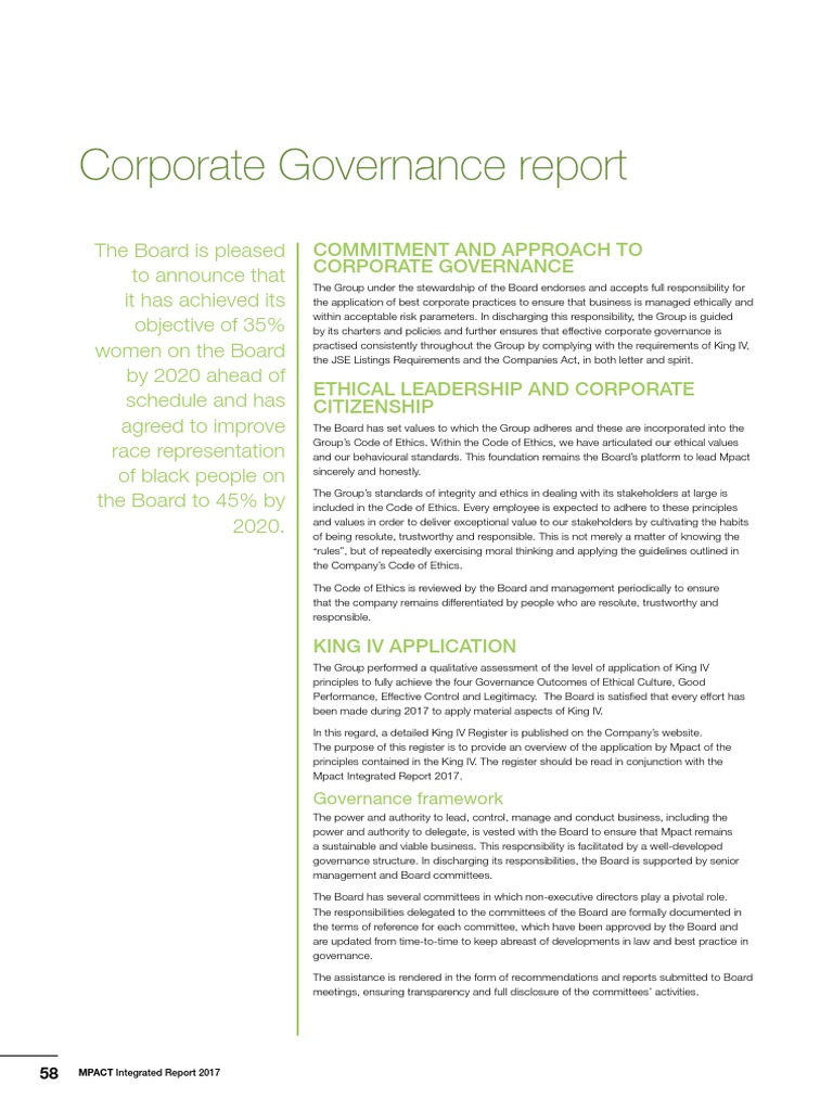 Corporate Governance report Board Of Directors Internal Control