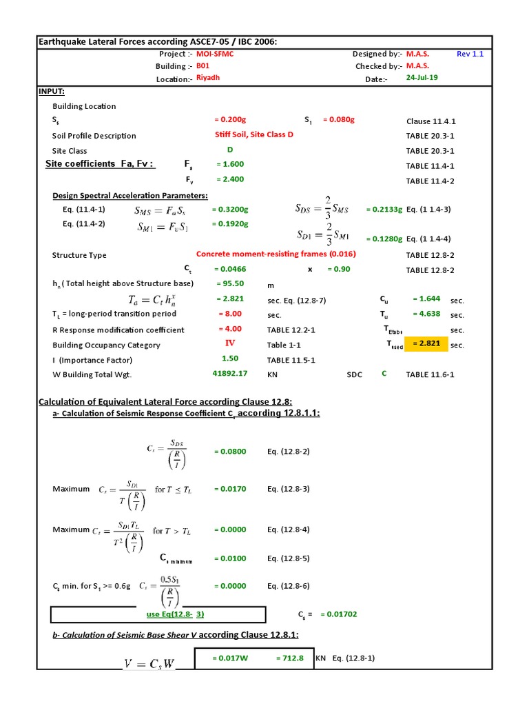 Earthquake Lateral Forces Analysis ASCE7-05 | PDF | Earthquake ...