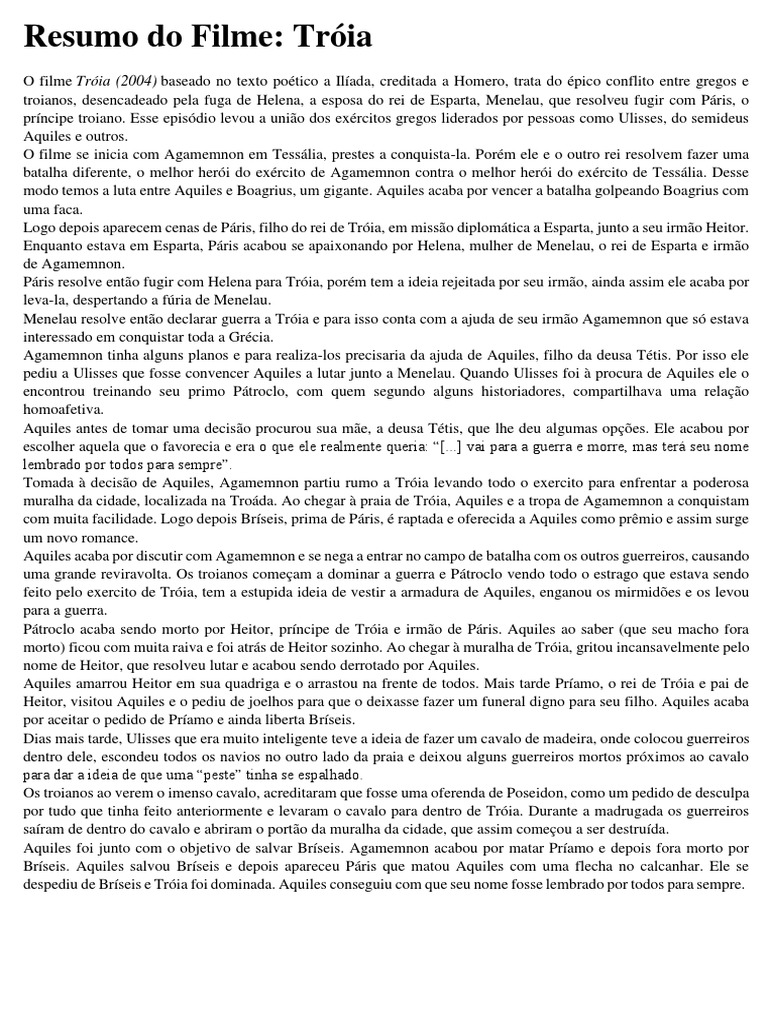 Resumo Do Filme Troia | PDF | Aquiles | Paris (mitologia)