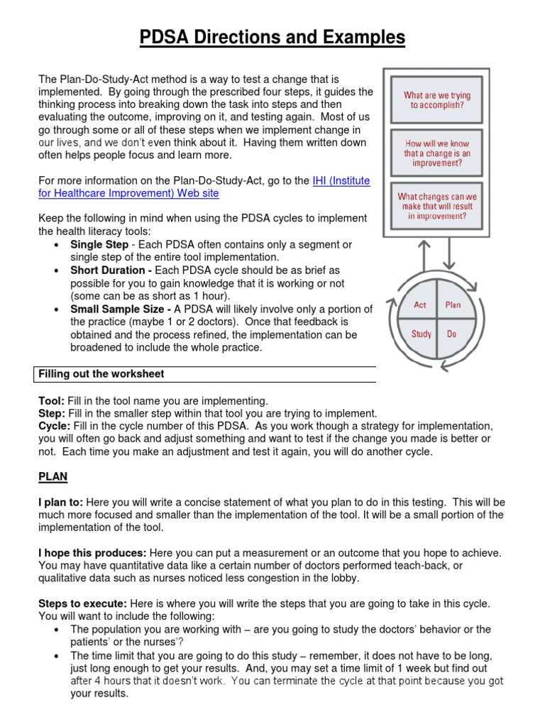 PDSA Directions and Examples IHI (Institute For Healthcare Improvement