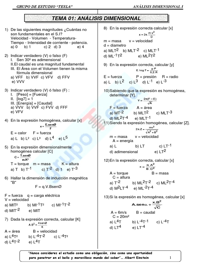 Ficha De Fisica Nº 01 Analisis Dimensional Hemodinamica Cantidad