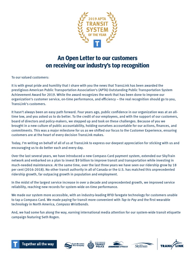 TransLink CEO Open Letter To Customers | PDF | Public Transport ...