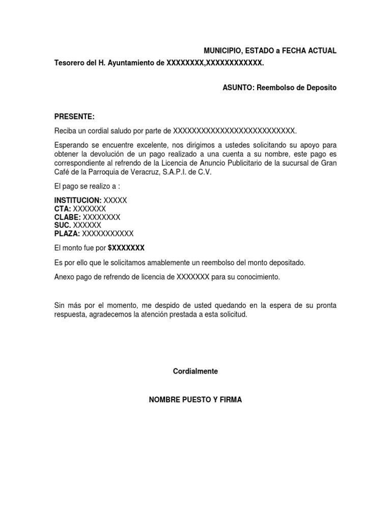 Carta Peticion Devolucion De Deposito Pdf Business