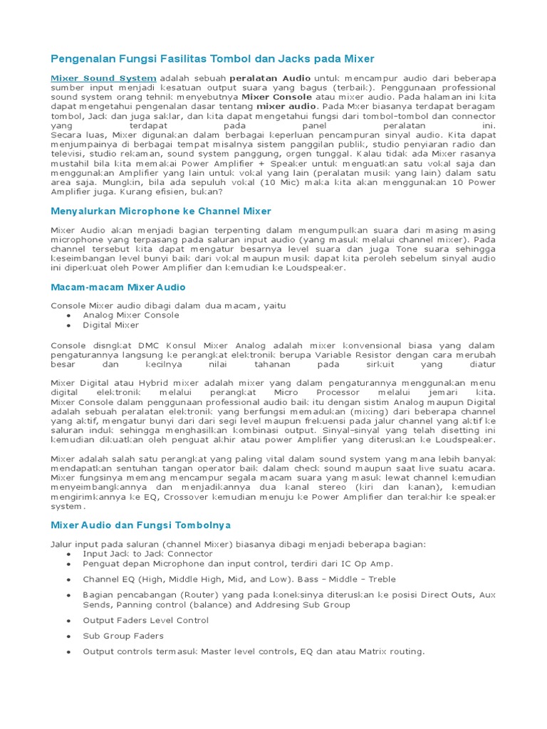 Pengenalan Fungsi Fasilitas Tombol Dan Jacks Pada Mixer PDF