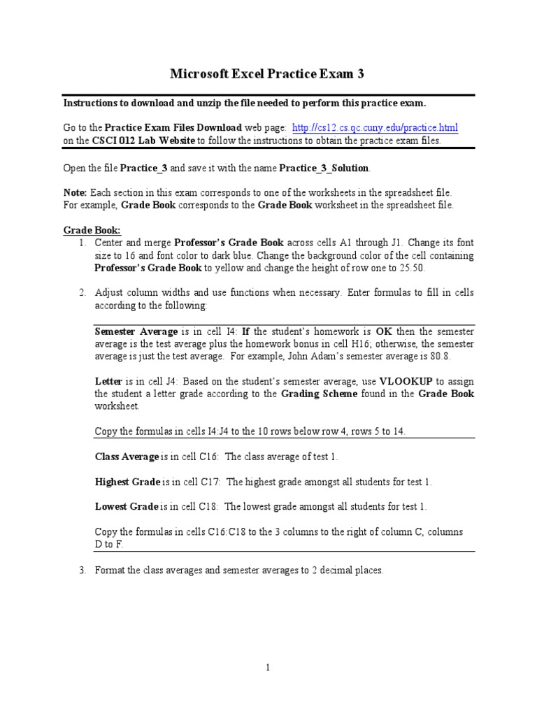 Microsoft excel practice exam 3 grade book and sorting pdf