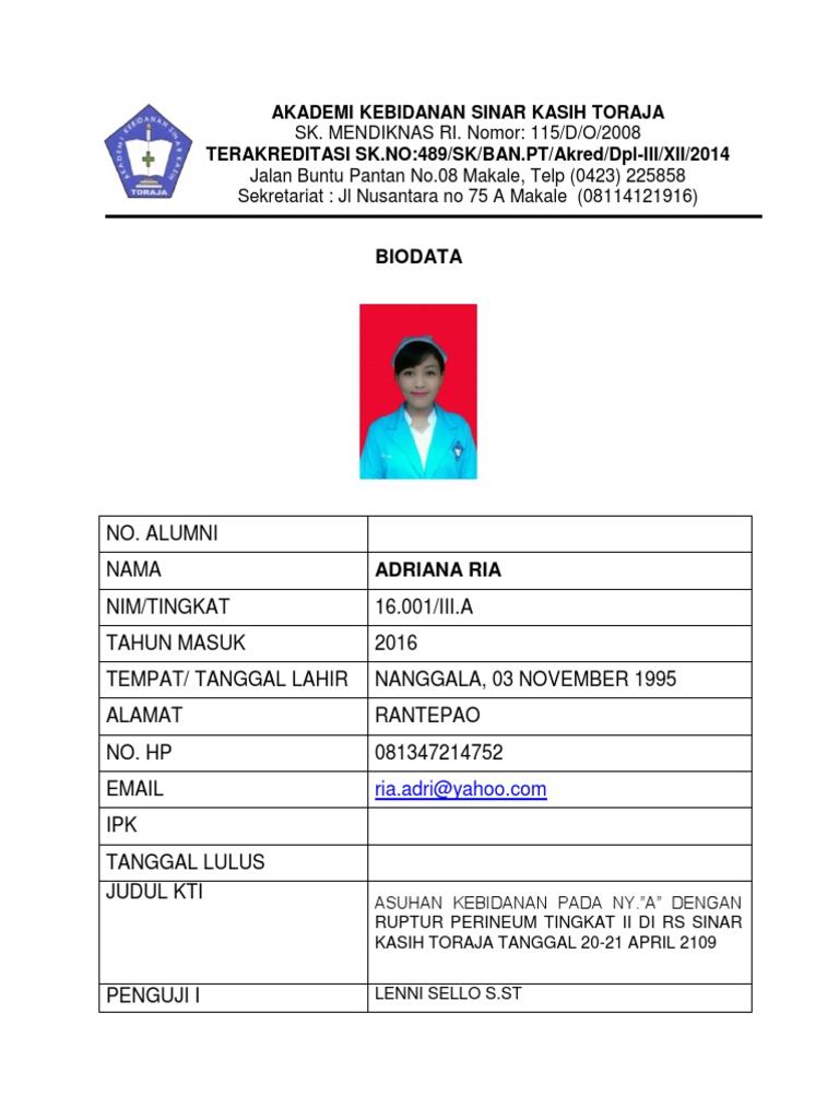 Biodata Adriana Ria di Akademi Kebidanan | PDF