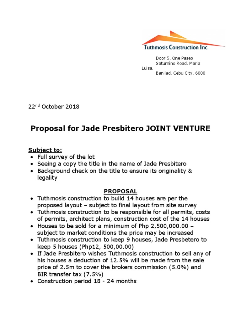 Proposal For Jade Presbitero JOINT VENTURE: Subject To | PDF