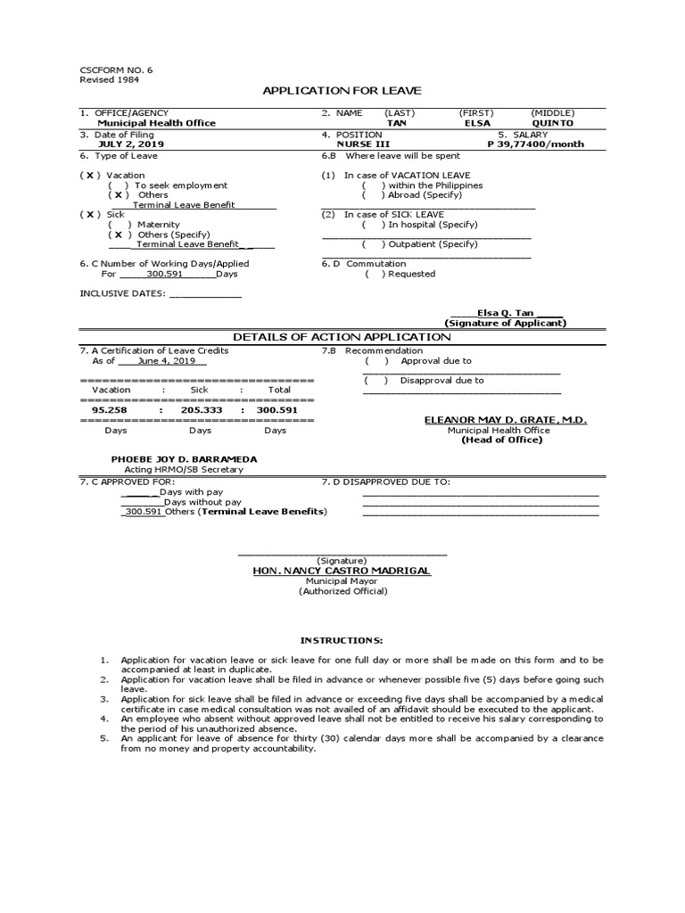Leave Application Form CSC No. 6 | PDF | Leave Of Absence | Sick Leave