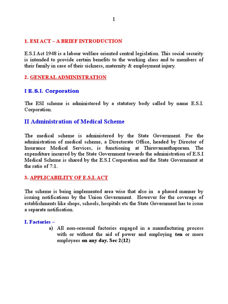 II Administration of Medical Scheme: 1. Esi Act - A Brief Introduction ...
