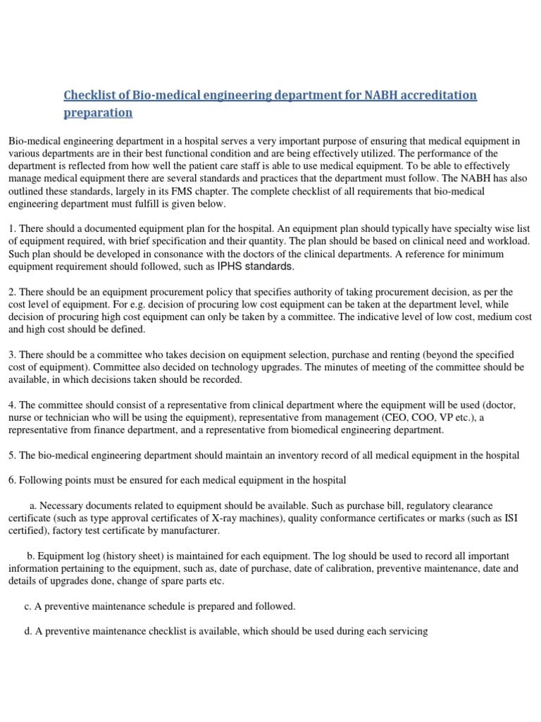 NABH Checklist for Biomedical Engineering | PDF | Biomedical ...