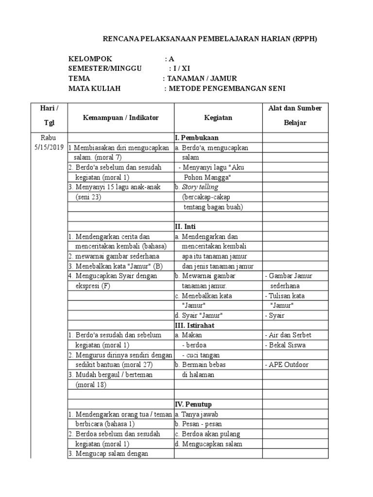 RPPH Tema Tanaman untuk TK Semester 1 | PDF