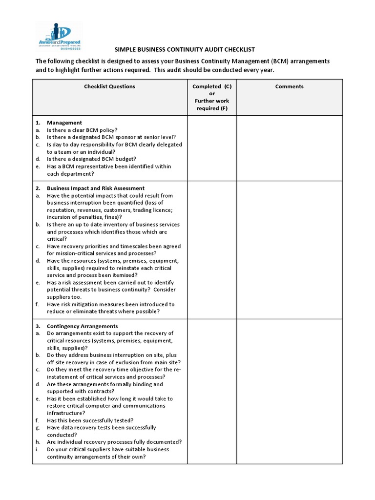 BCAW23 Simple Audit Checklist  PDF  Business Regarding Business Continuity Checklist Template