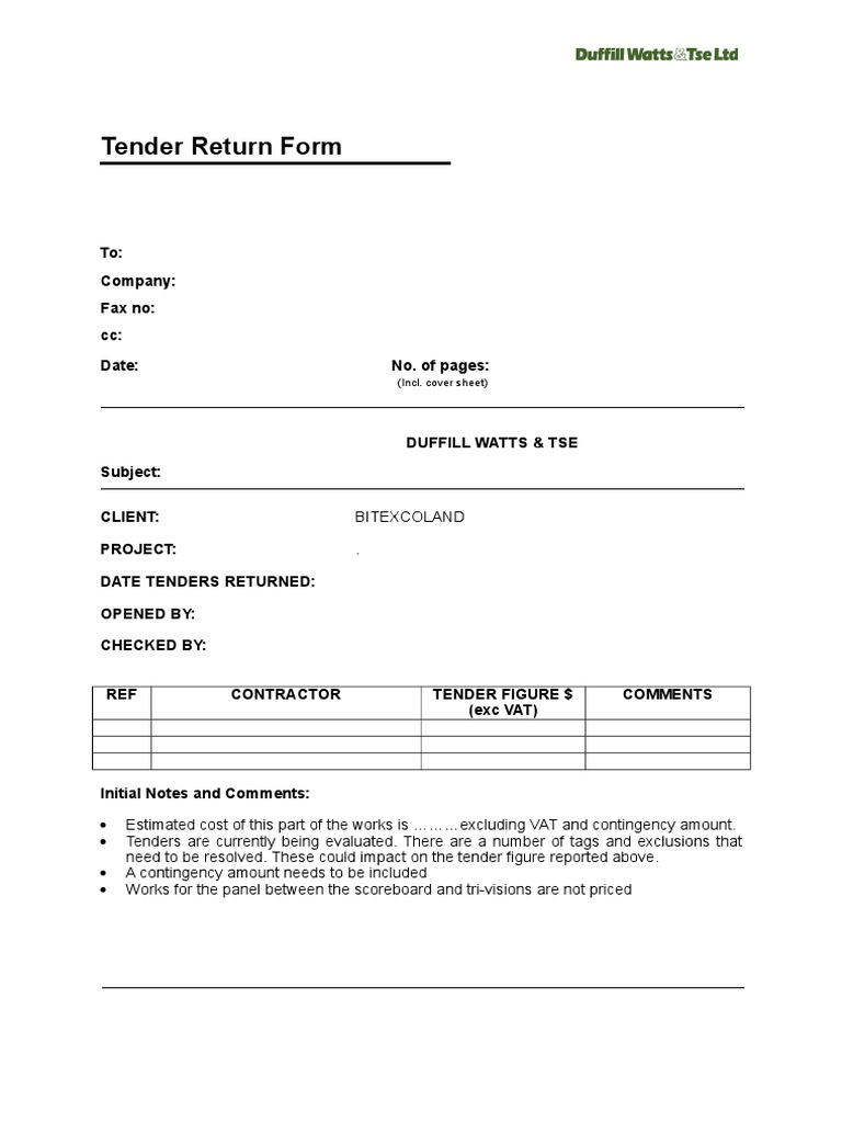 Tender Return Form Template | PDF