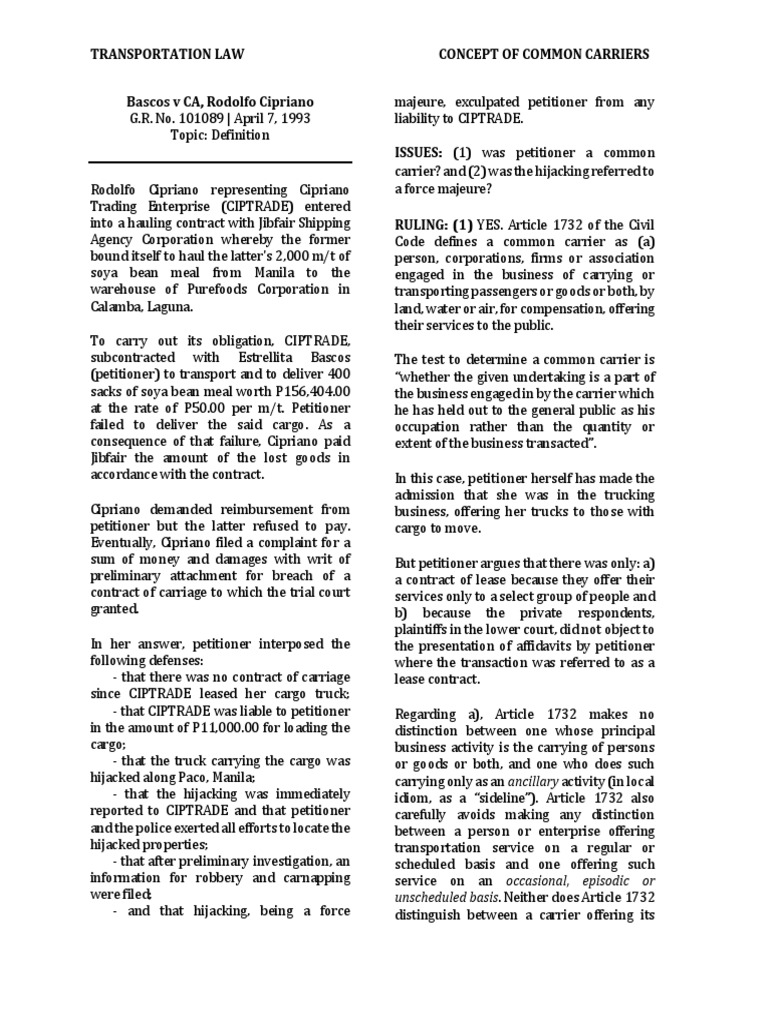Transportation Law Concept of Common Carriers Bascos V CA, Rodolfo