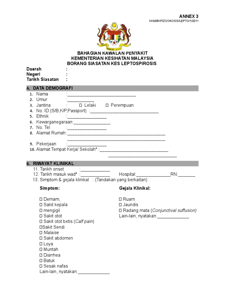 Annex 3 Borang Siasatan Leptospirosis Pdf