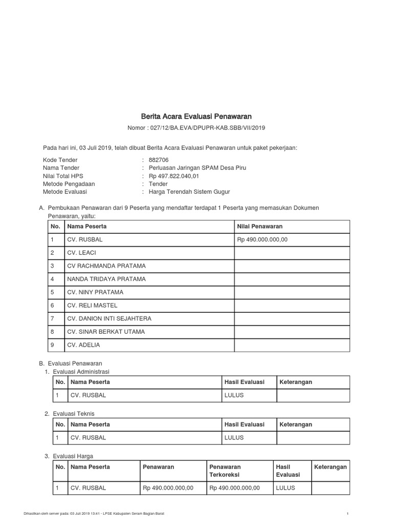 Contoh Berita Acara Evaluasi Dokumen Penawaran MYSTDEVIL