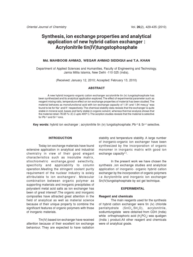 Synthesis, Ion Exchange Properties and Analytical Application of New ...