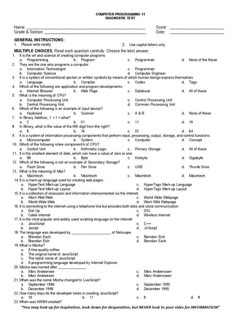 Computer Programming Diagnostic Test | PDF | Html Element | Computer ...