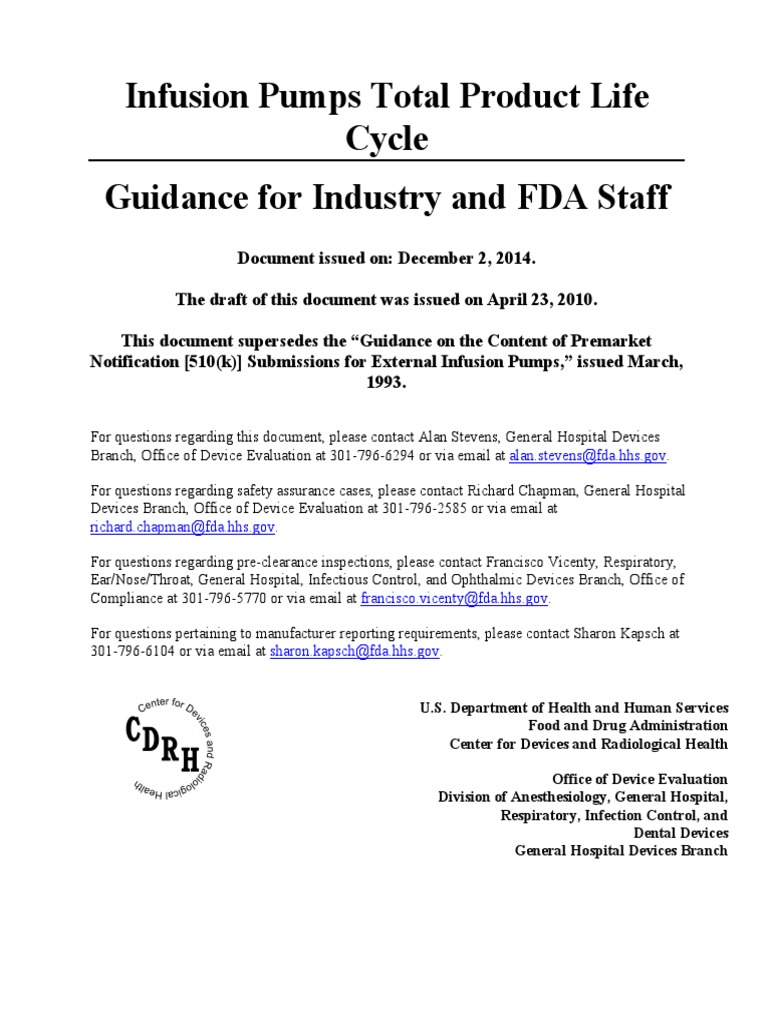 Infusion Pumps Total Product Life Cycle Guidance For Industry and FDA