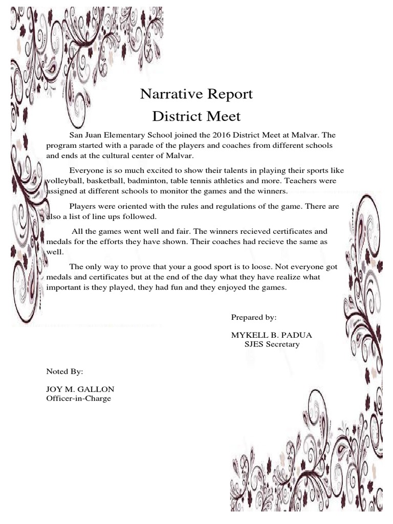 Narrative Report DISTRICT MEET Sports Leisure