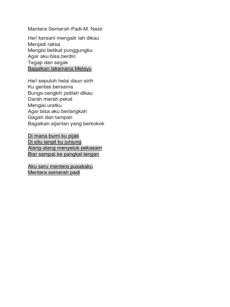 Mantera Semerah Padi Lirik Pdf