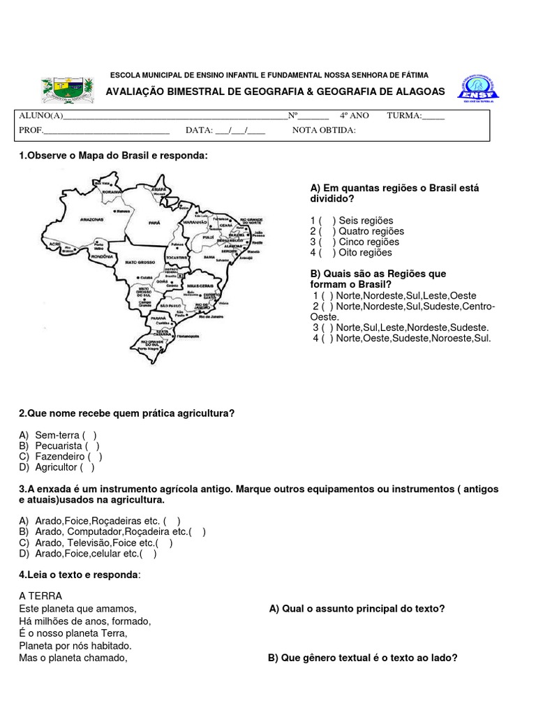 Avaliação de Geografia 4º Ano | PDF | Brasil | Terra