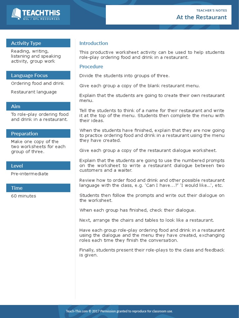 At The Restaurant | PDF | Restaurants | Waiting Staff