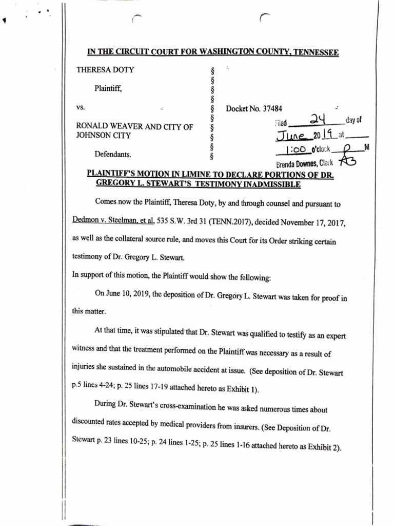 Plaintiff's Motion in Limine PDF Deposition (Law) Testimony