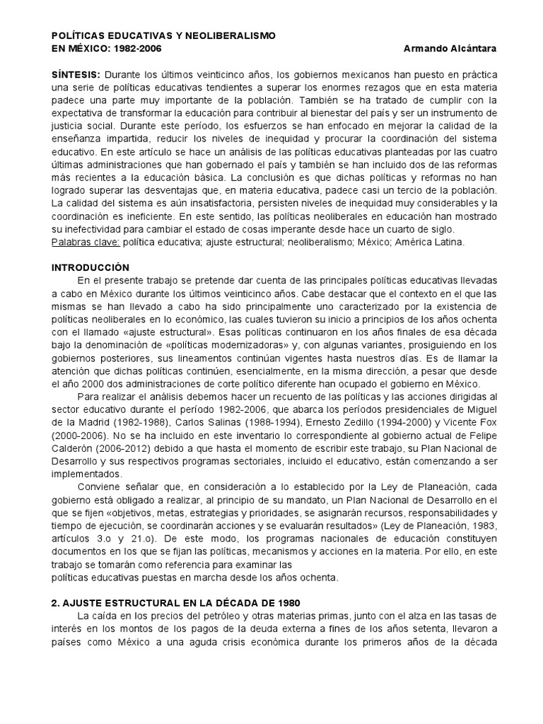 Políticas Educativas y Neoliberalismo EN MÉXICO: 1982-2006 | PDF ...