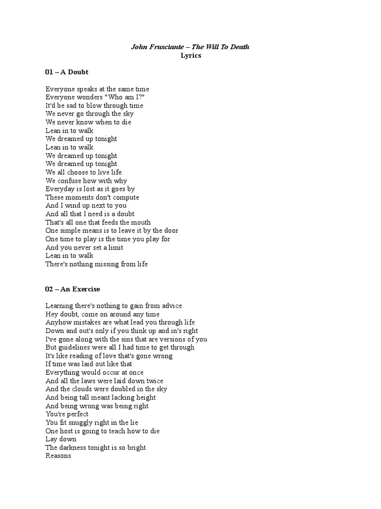 John Frusciante - The Will To Death - Lyrics | PDF