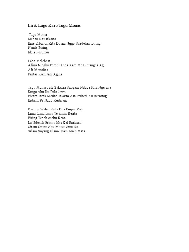 Lirik Lagu Karo Tugu Monas Doc