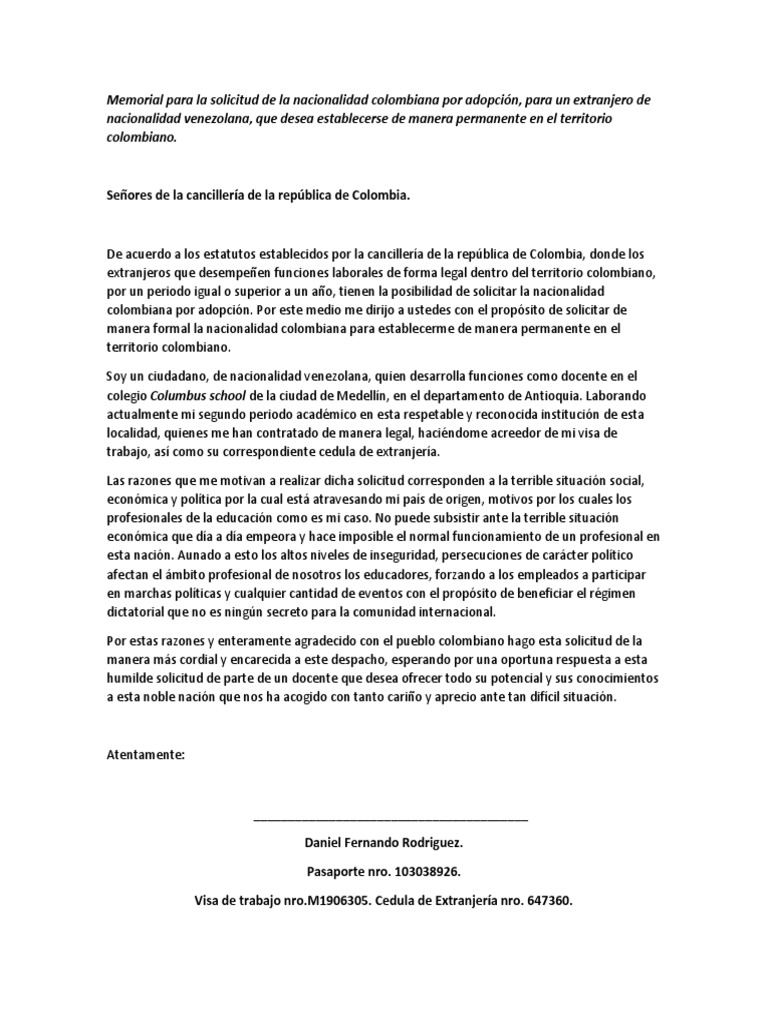 Memorial Para La Solicitud De La Nacionalidad Colombiana Por Adopcion Colombia Extranjero Ley