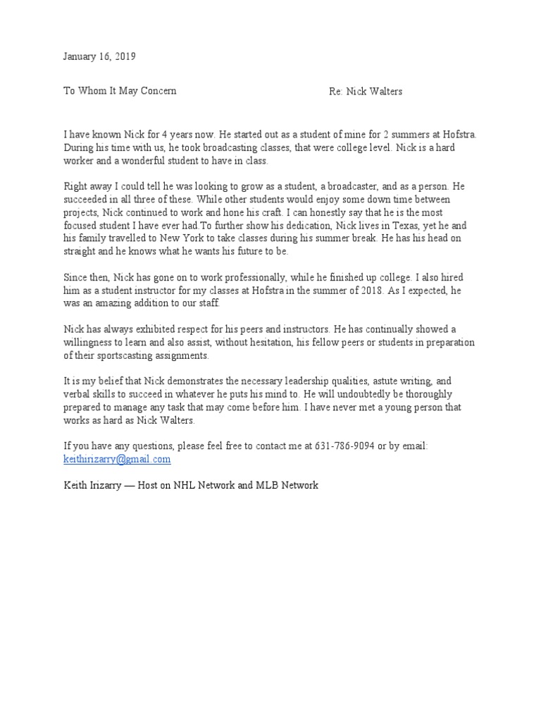 Recommendation Letter - Keith Irizarry | PDF | Learning | Behavior ...