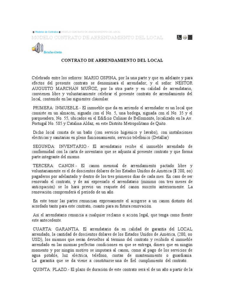 Modelo de Contrato de Arrendamiento en Ecuador