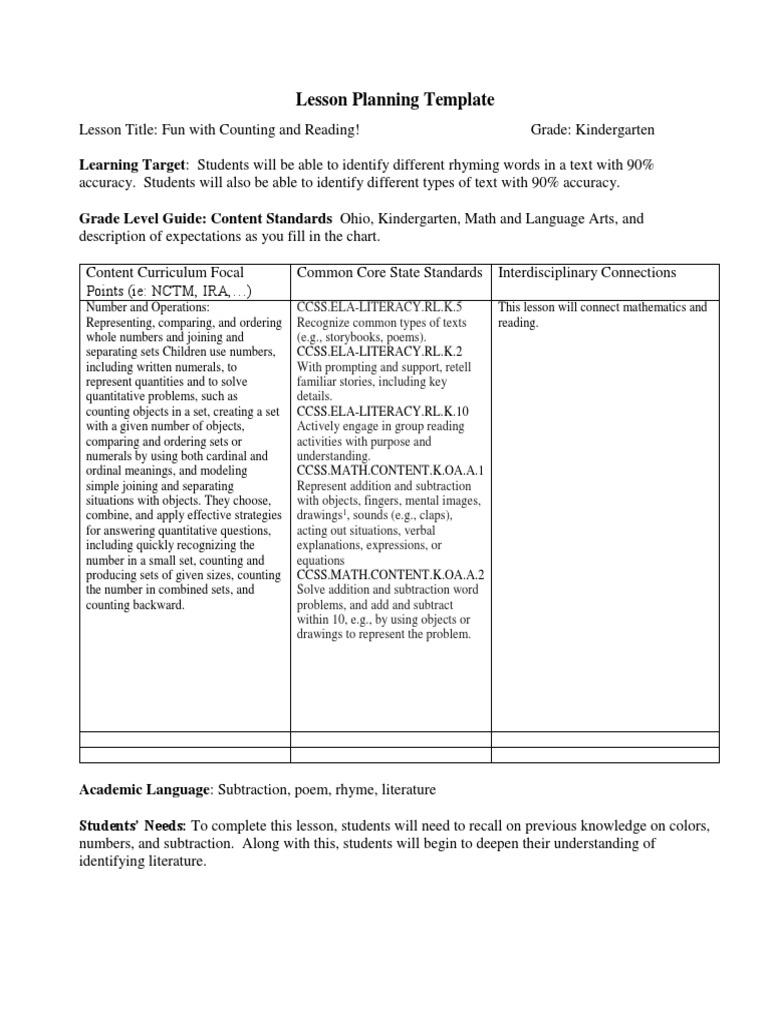 Lesson Planning Template For Big Book | PDF | Educational Assessment ...