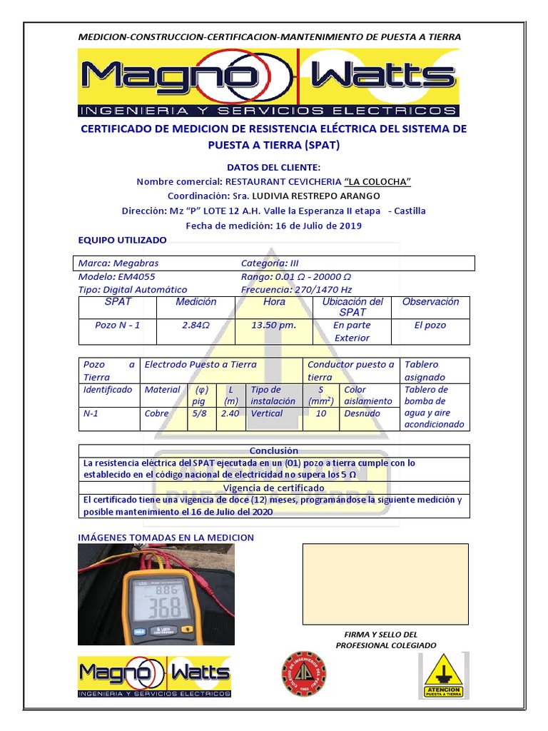 Certificado de Medicion de Resistencia Eléctrica Del Sistema de Puesta a Tierra (1) Física y