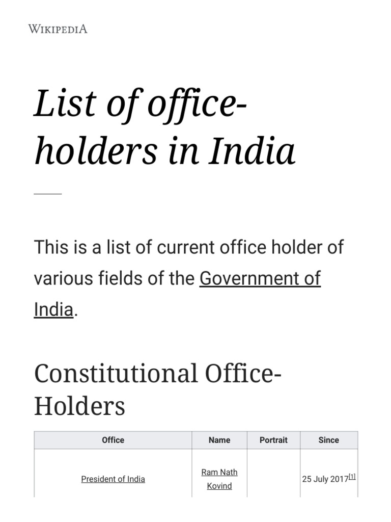 List of OfficeHolders in India Download Free PDF Politics Of India