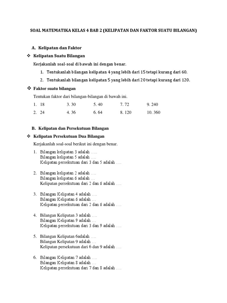 Soal Matematika Kelas 4 Bab 2 Kelipatan Dan Faktor Suatu Bilangan