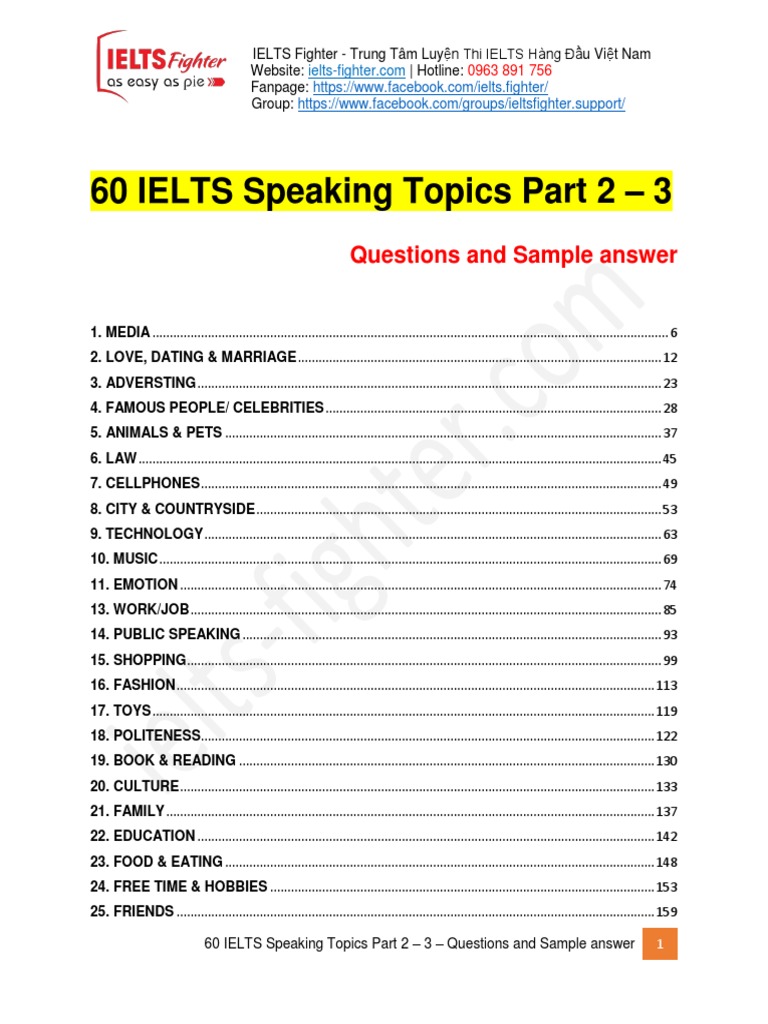 60 IELTS Speaking Topics Part 2 and 3 with Questions & Model Answers