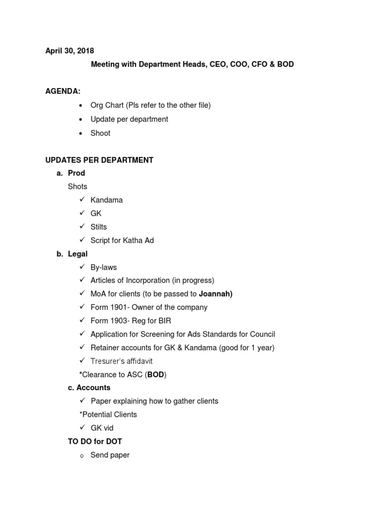 April 30, 2018 Meeting With Department Heads, CEO, COO, CFO & BOD | PDF ...