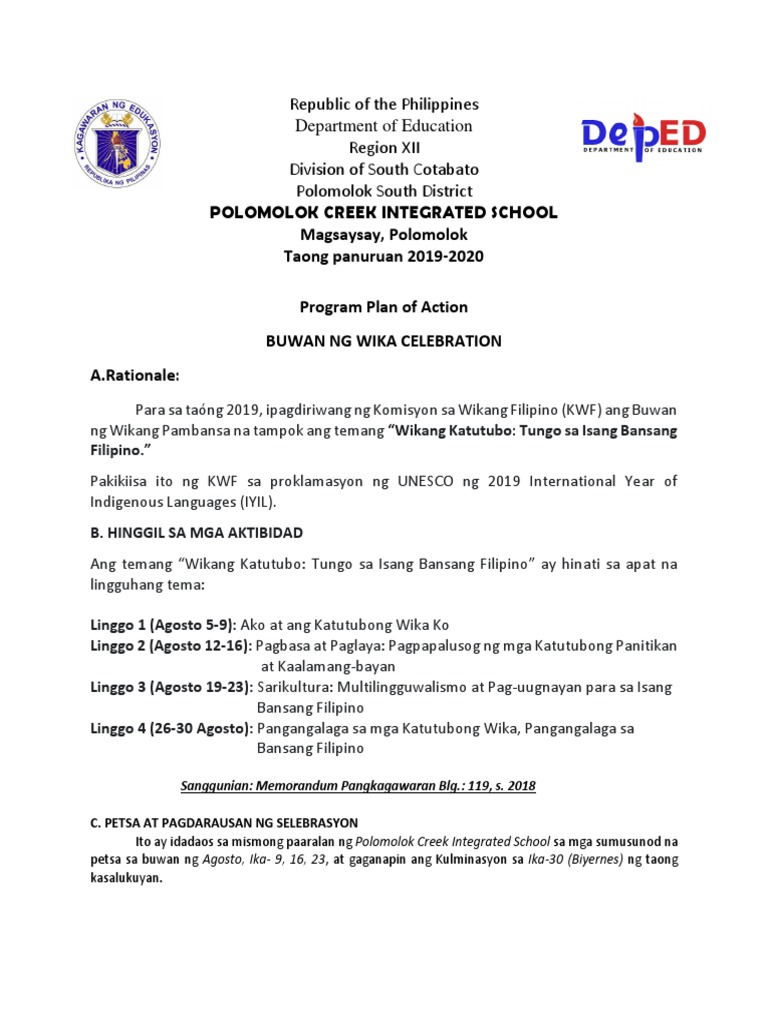 Buwan NG Wika Celebration Plan PDF