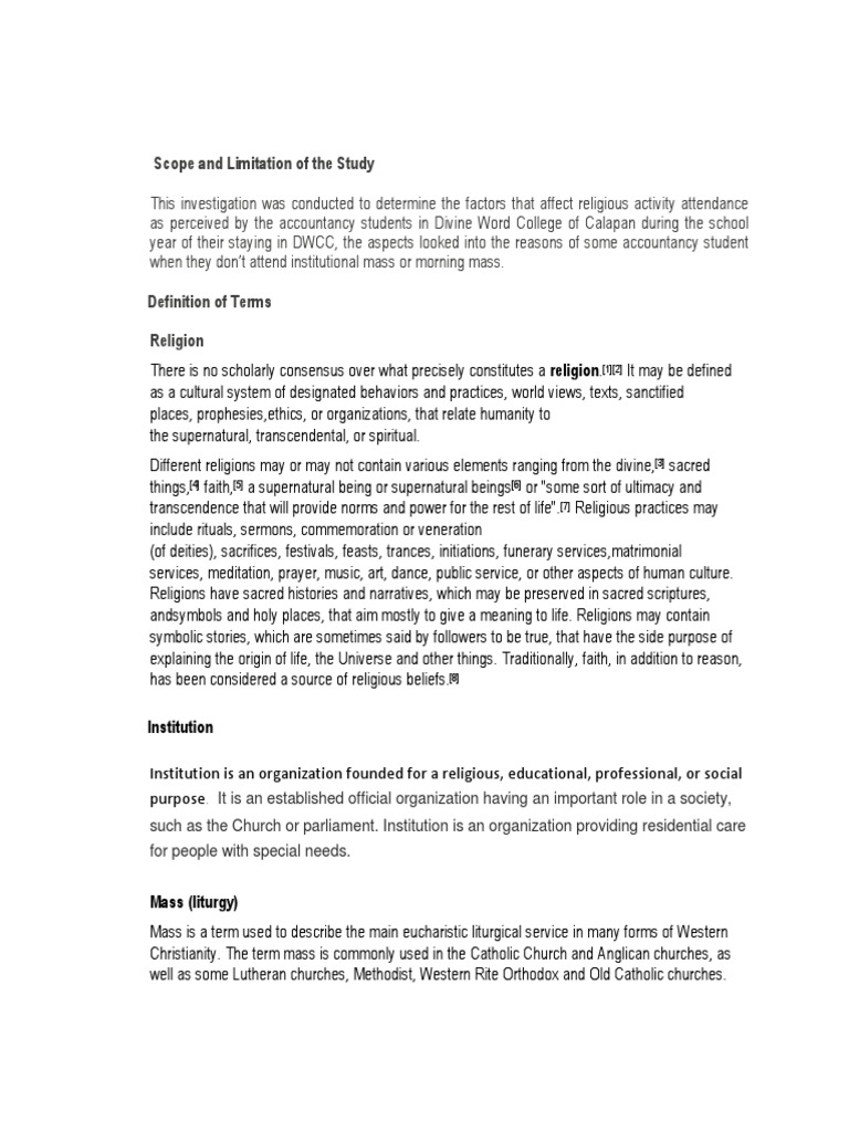 Scope and Limitation and Definition of Terms Thesis PDF Mass (Liturgy) Religious Behaviour