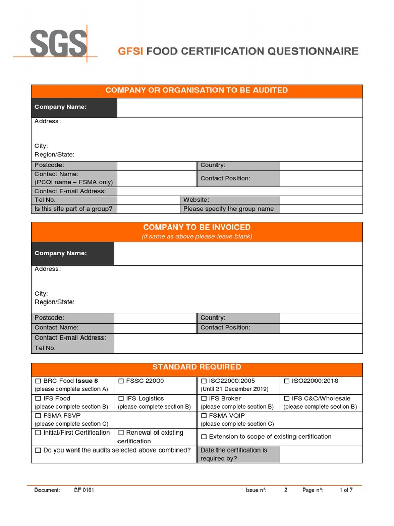 GF0101 Generic Food Certification Questionnaire PDF Foods Food