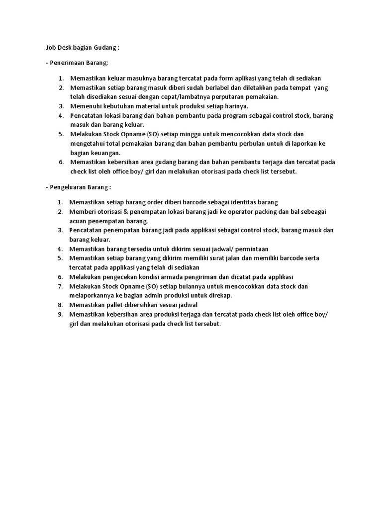 Job Desk Bagian Gudang PDF