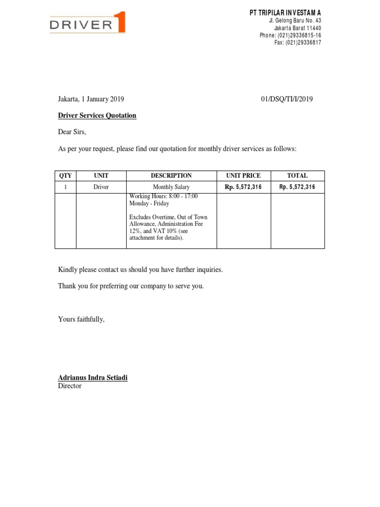 Driver Services Quotation 2019 | PDF | Overtime | Workweek And Weekend