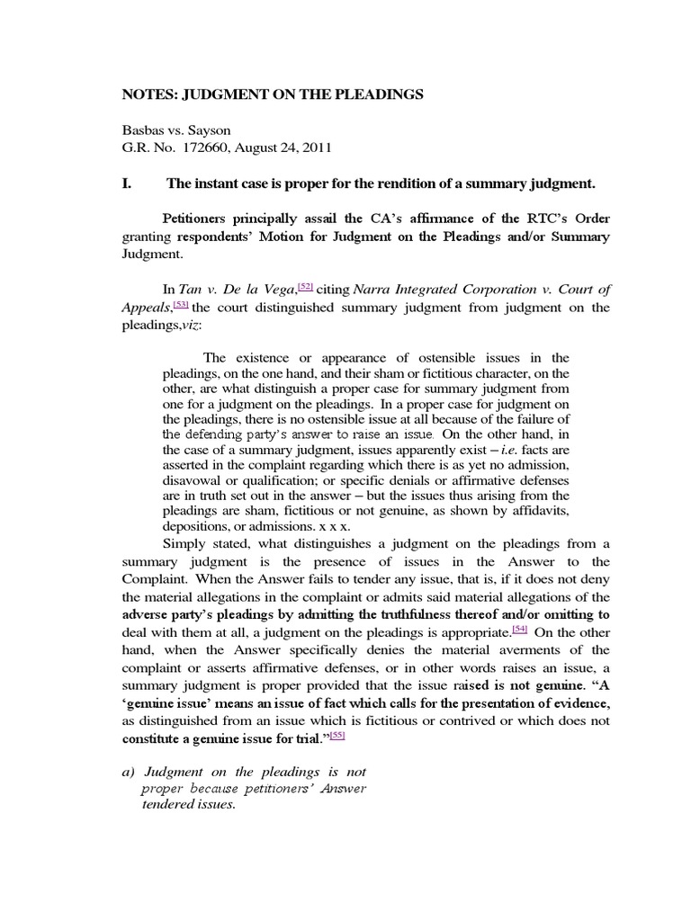 Notes Judgment On The Pleadings Appeals PDF Pleading Summary