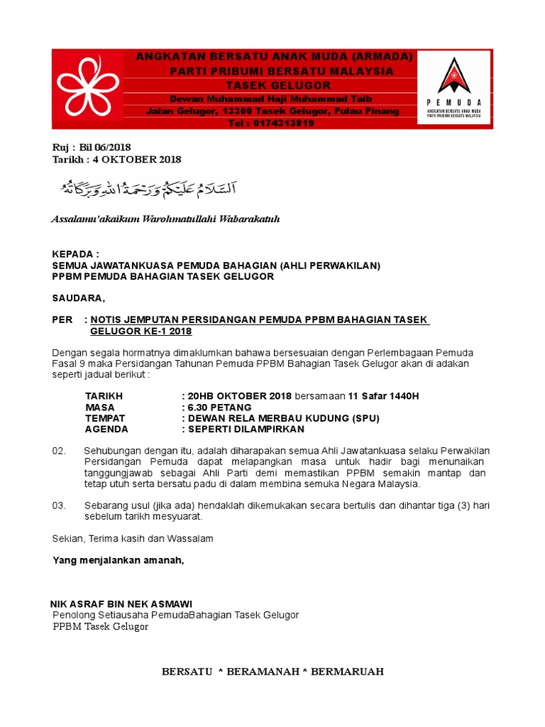 Contoh Letterhead Surat Parti Bumi Bersatu