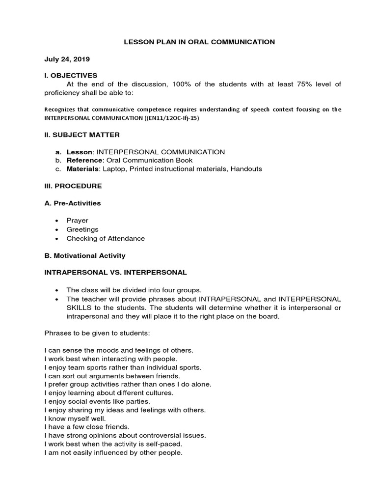 Interpersonal Communication Lesson Plan | PDF | Interpersonal ...